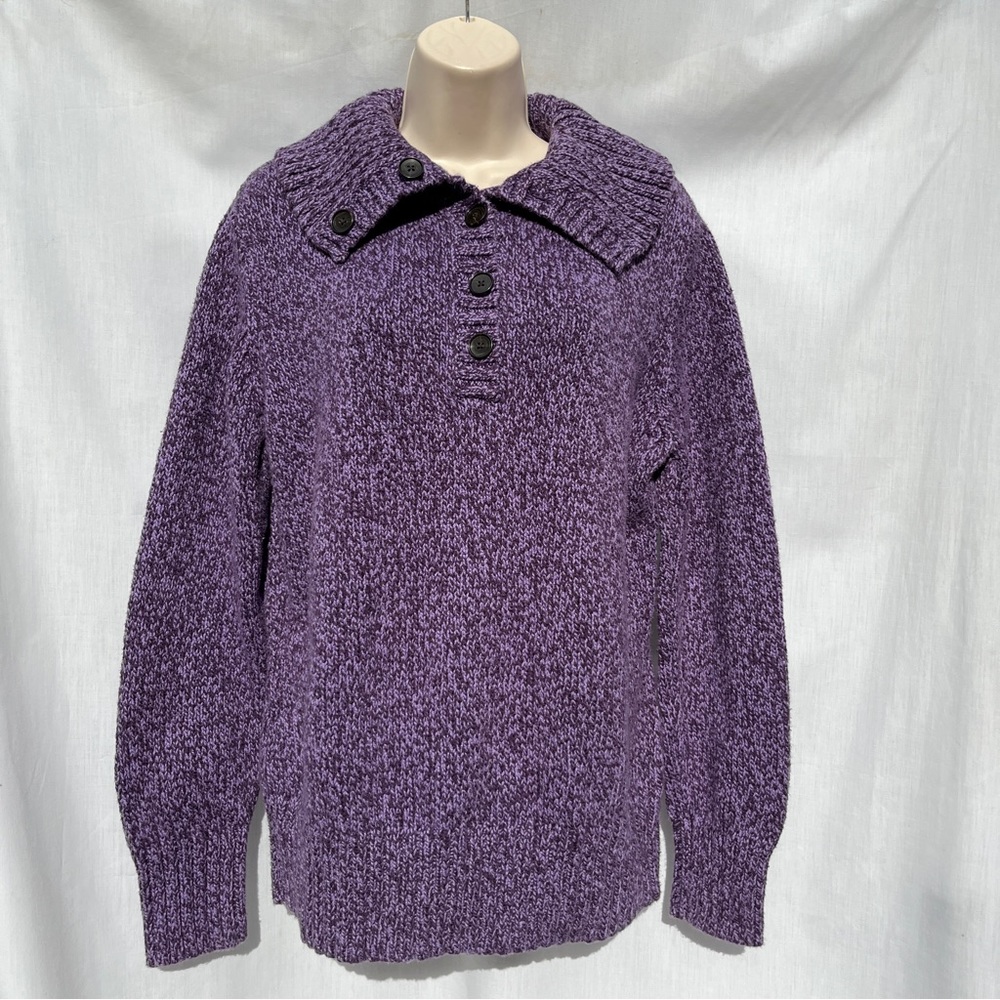 Lands’ End Marled Purple Sweater w/ Large Fold-over Collar w/ Buttons - L 14-16